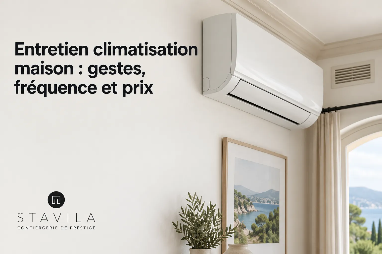 Climatiseur mural blanc fixé au mur dans un séjour près d’une fenêtre, avec plante et tableaux à côté.