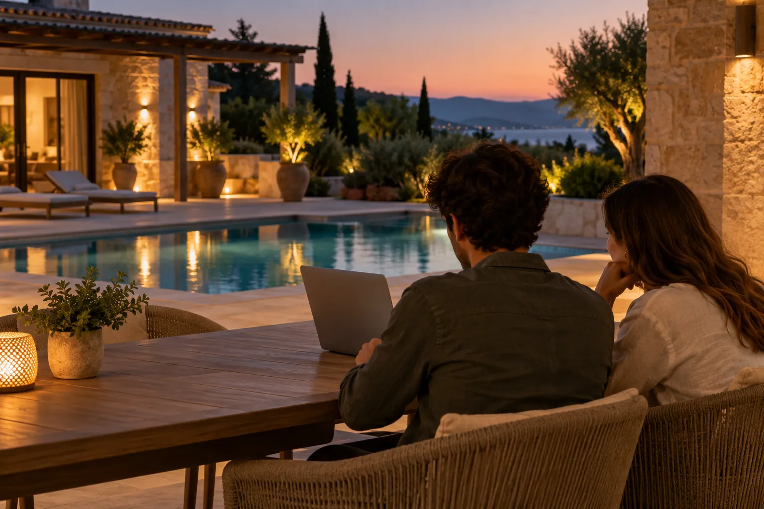 Deux personnes assises à une table extérieure près de la piscine au coucher du soleil, avec un ordinateur portable ouvert.