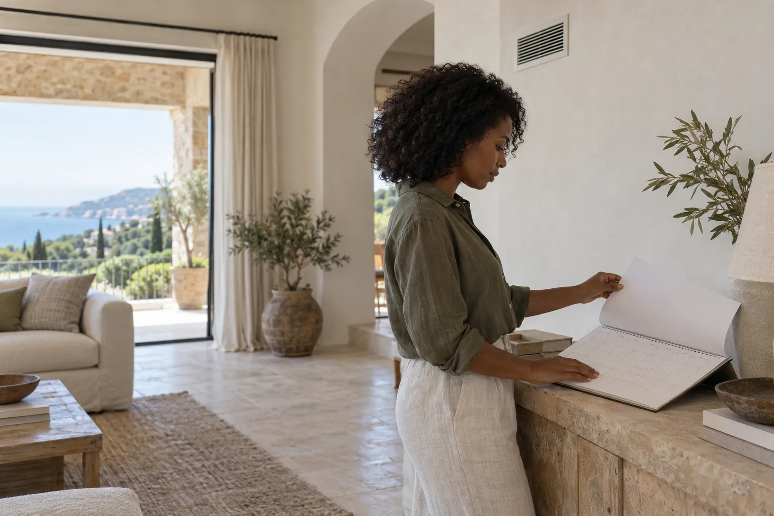 Une femme consulte un carnet ou planner posé sur un meuble dans un intérieur lumineux, avec vue sur l’extérieur et plantes