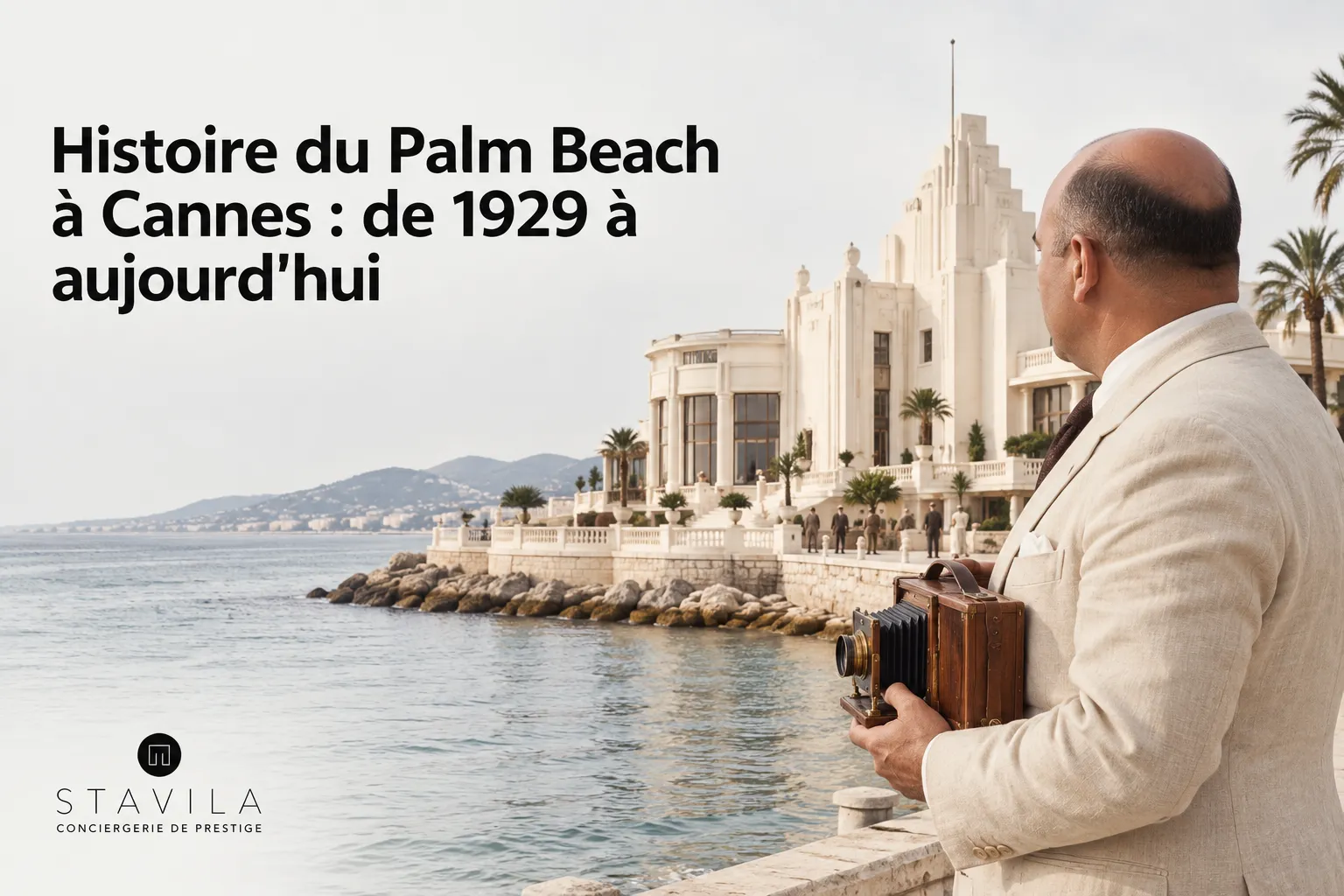 Un homme en costume beige tient un appareil photo devant le bord de mer et un édifice blanc élégant le long de la promenade.