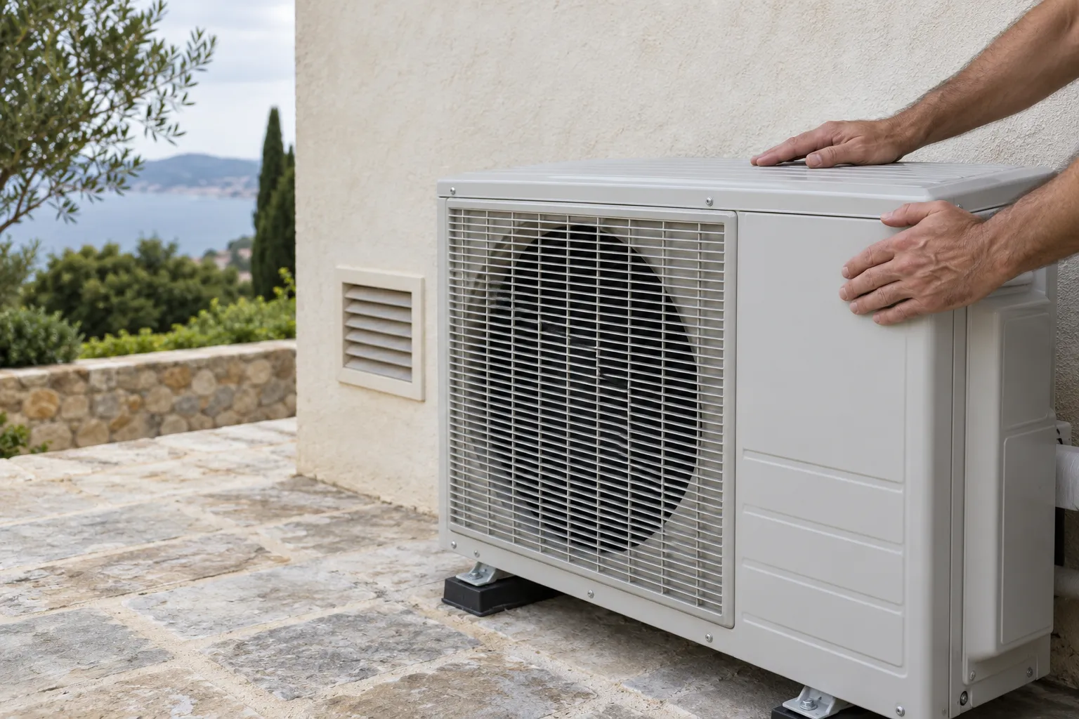 Unité extérieure de climatisation posée sur le sol avec une personne plaçant les mains dessus.