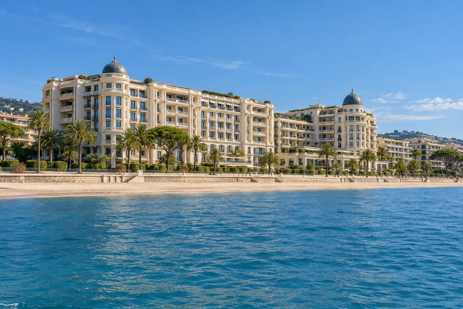 Vue du front de mer avec un bâtiment élégant surplombant la plage et la mer calme, entouré de palmiers.
